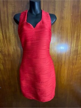 B. Darlin Red Textured Wavy Ribbon Bodycon Halter Mini Dress